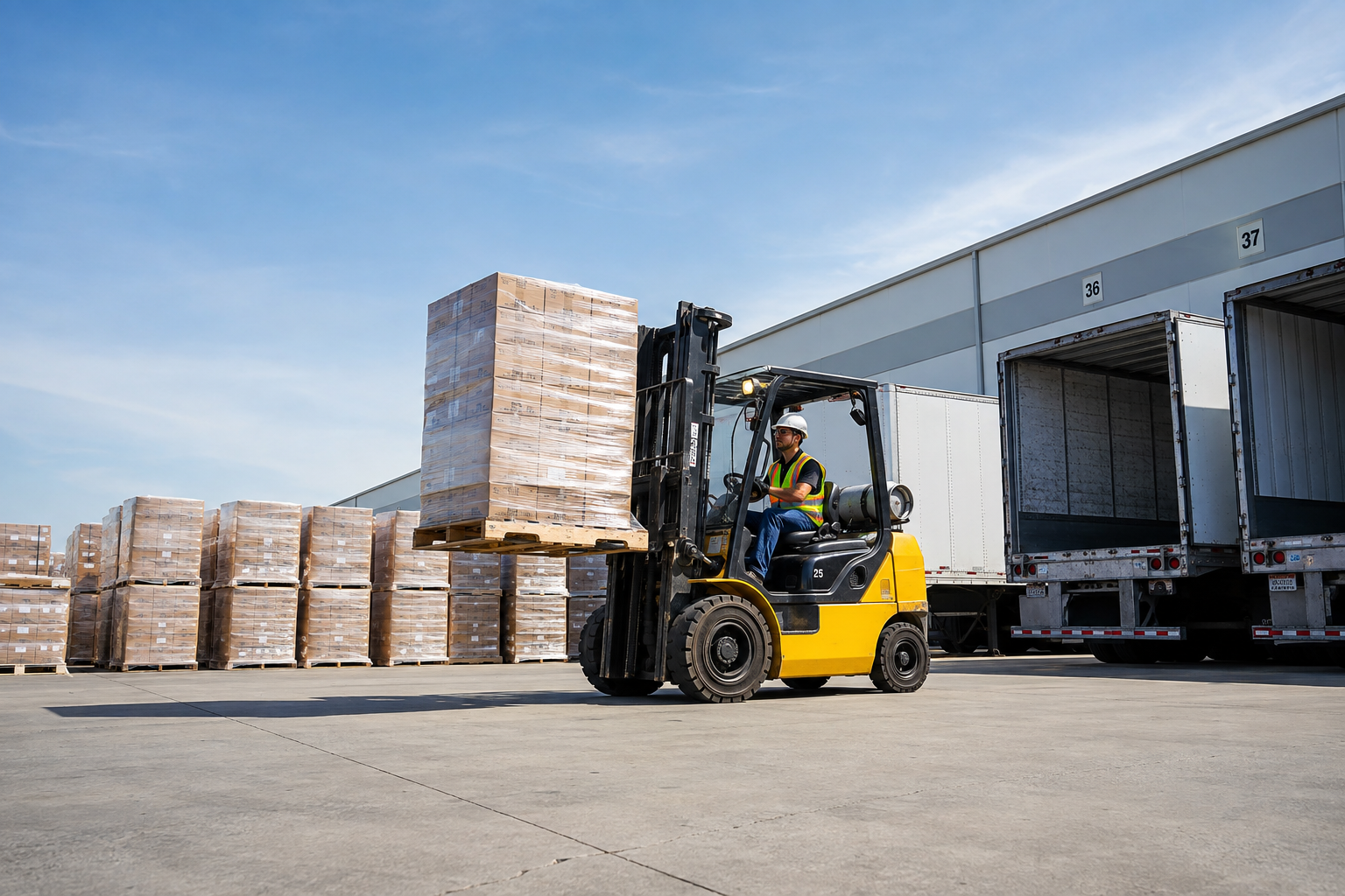 Forklift restacking pallets on an open dock