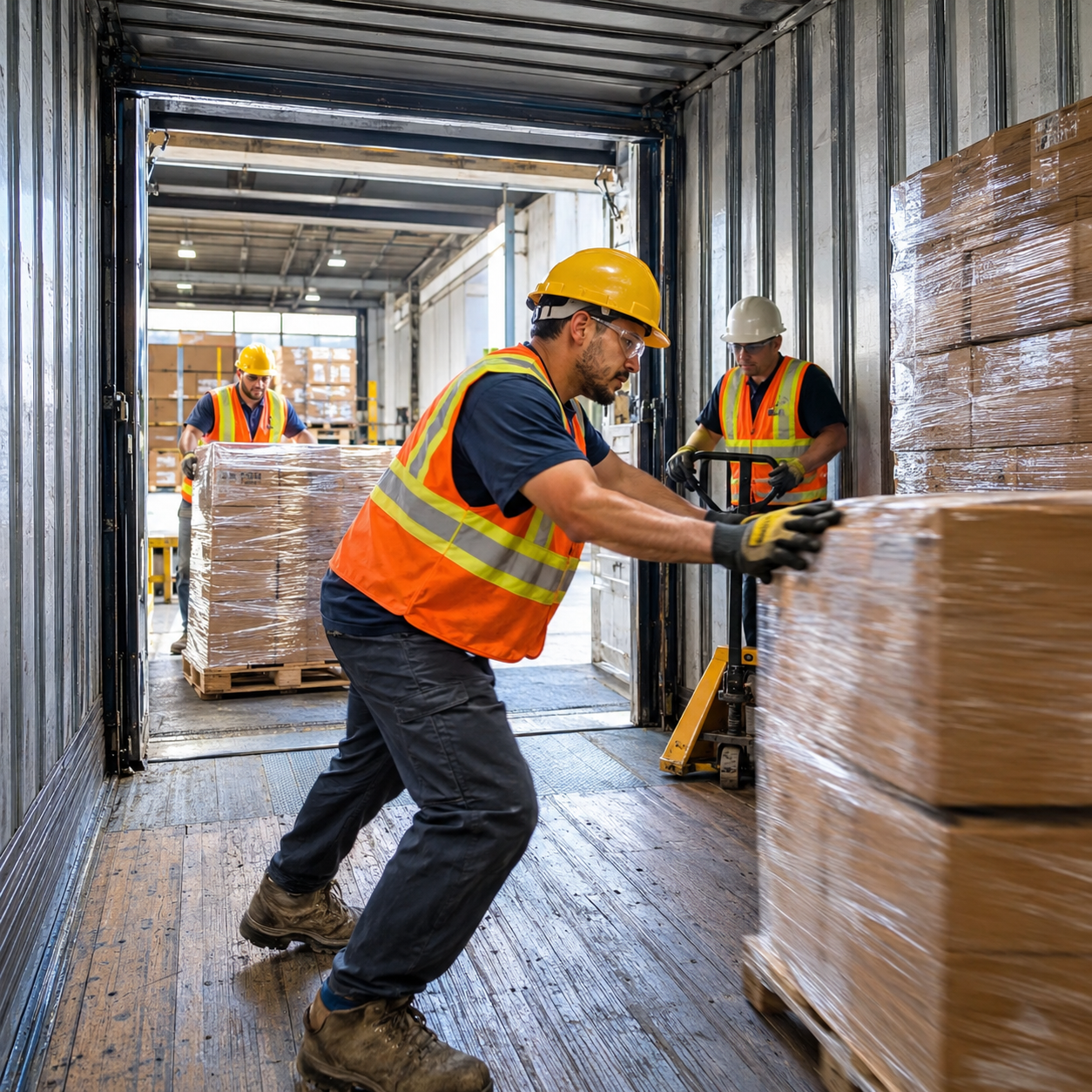 Crew loading freight into a trailer