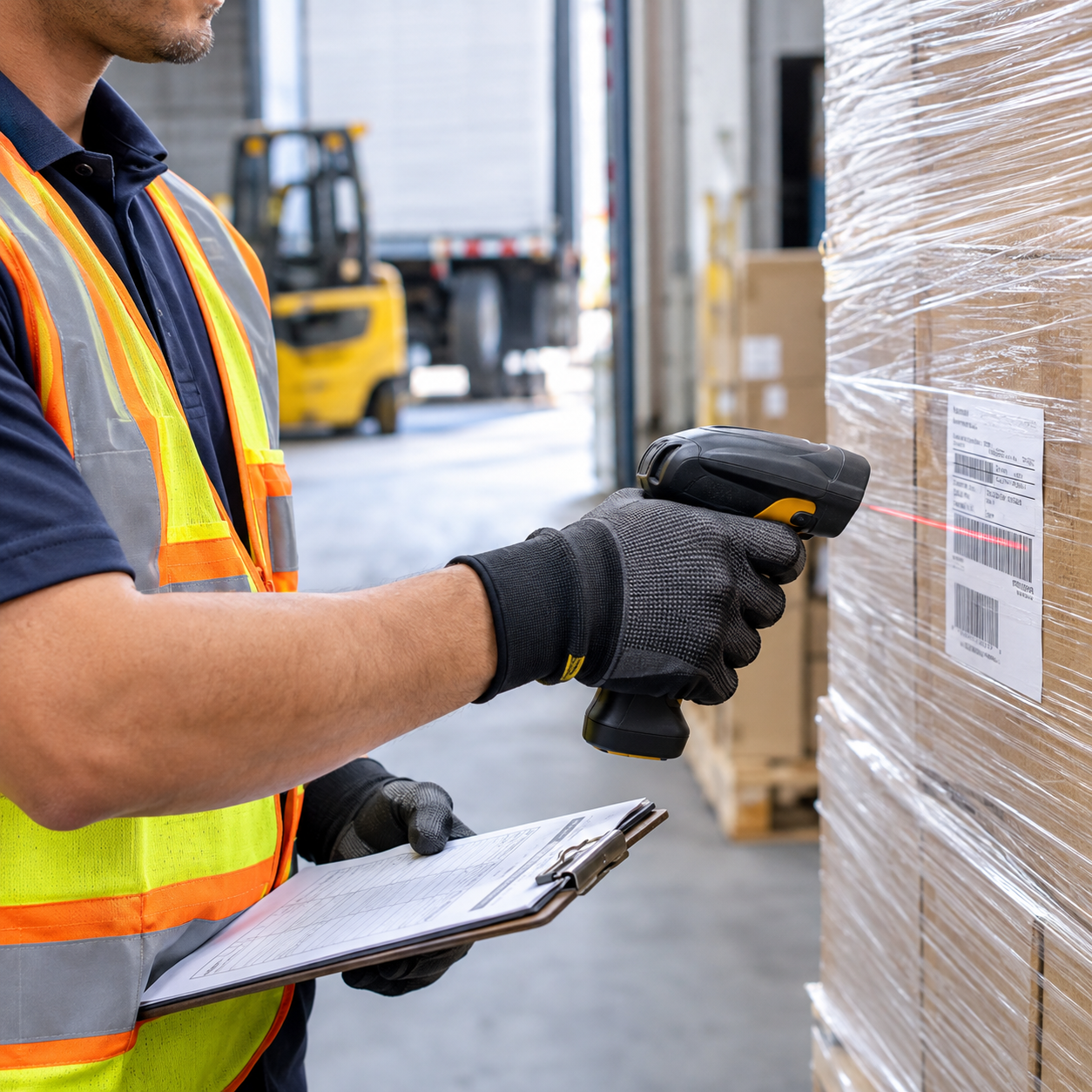 Worker inspecting freight with clipboard and scanner
