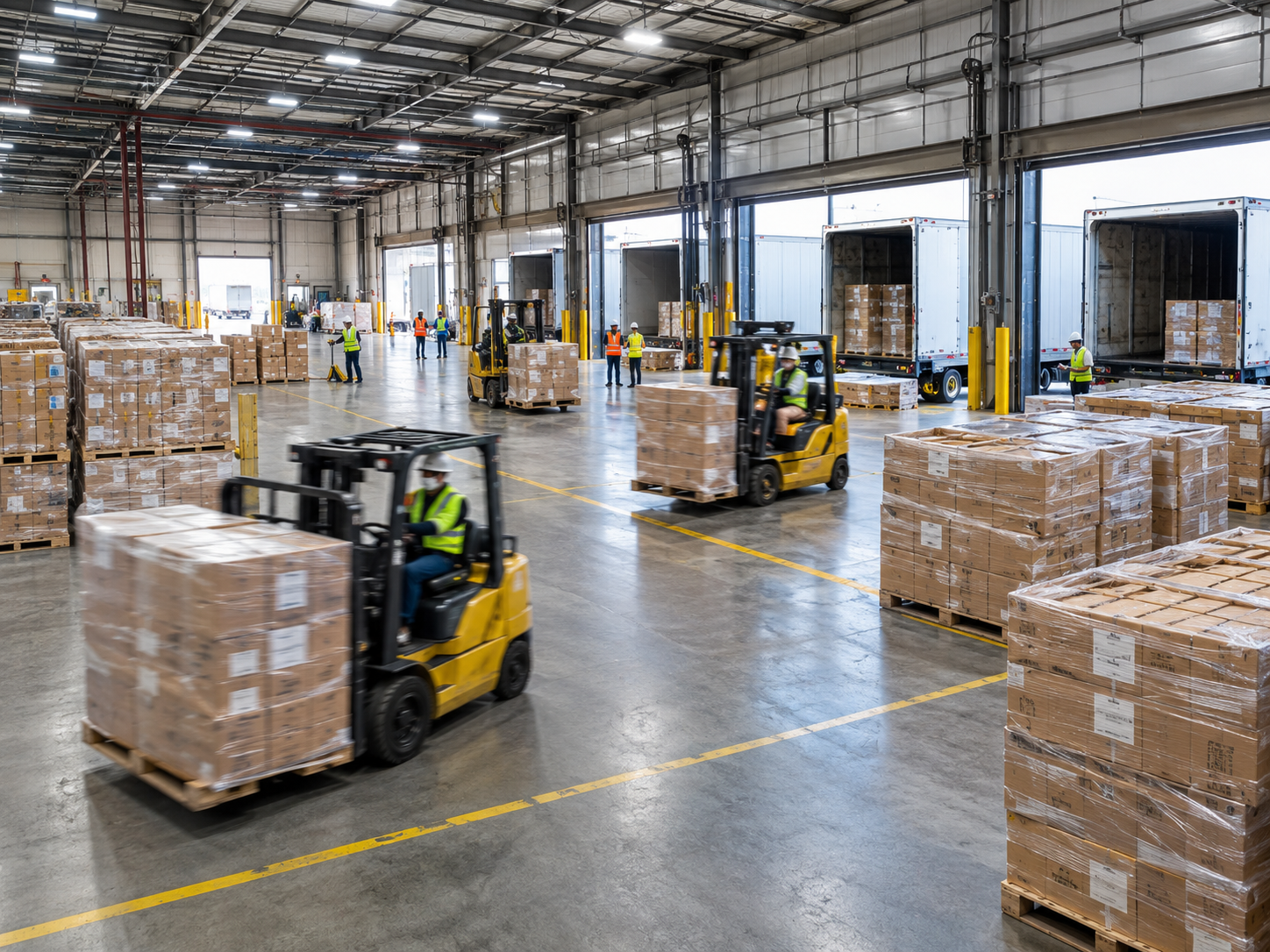 Wide facility interior with forklifts working