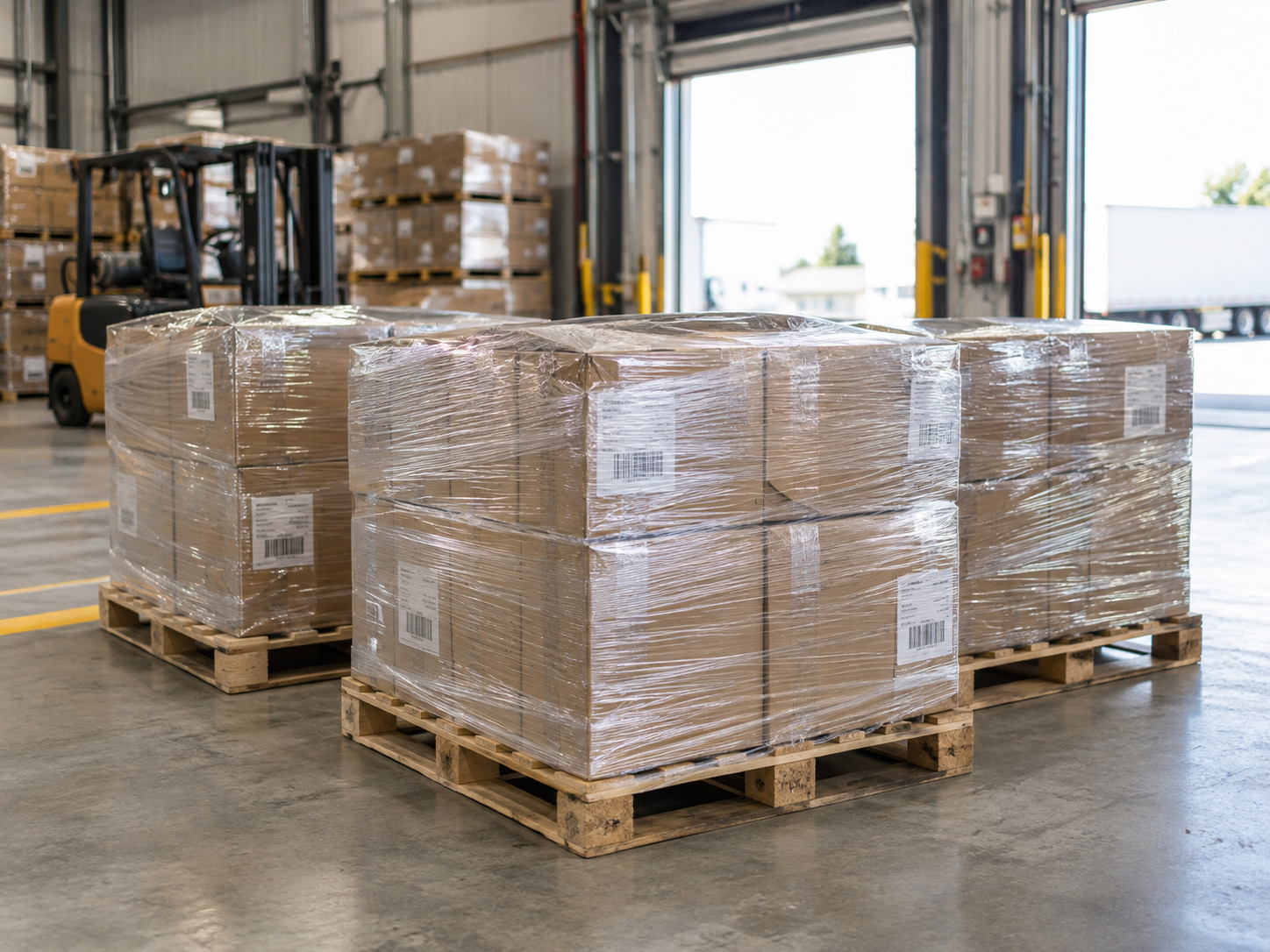 Stacked pallets shrink-wrapped and labeled